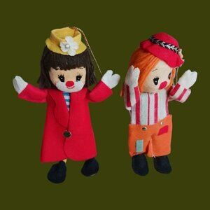 Vtg flocked felt bandable clowns hobo christmas ornaments
